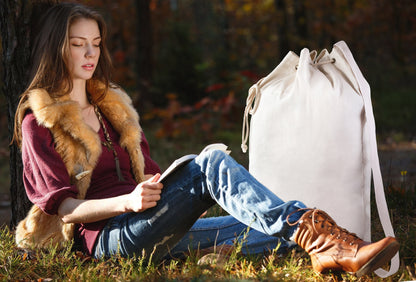 Handy Laundry Canvas Duffel Bag - Drawstring, Leather Closure, Shoulder Strap.