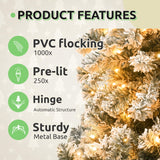 GOOBED Prelit Flocked Christmas Tree 6FT w/Remote, Prelit Snow Flocked Artificial Xmas Tree w/ 1000 Branch Tips & 250 Lights, Foldable Base for Homes Restaurants, Malls, Hotels, and Holiday Decor GOOBED