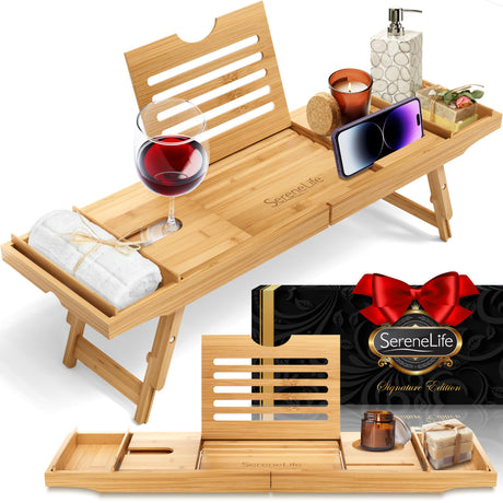 SereneLife Bath Caddy Breakfast Tray Combo with Gift Box-Natural Bamboo Wood Waterproof Bath Tub Caddy and Bed Tray with Folding Slide-Out Arms,Device Grooves,Wine Glass and Soap Holder SereneLife