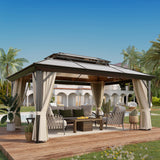 GAZEBEST 12' X 16' Permanent Hardtop Gazebo, Outdoor Polycarbonate Double Roof Pavilion Pergola Canopy with Aluminum Frame and Privacy Curtains for Patio, Garden, Backyard, Lawn GAZEBEST
