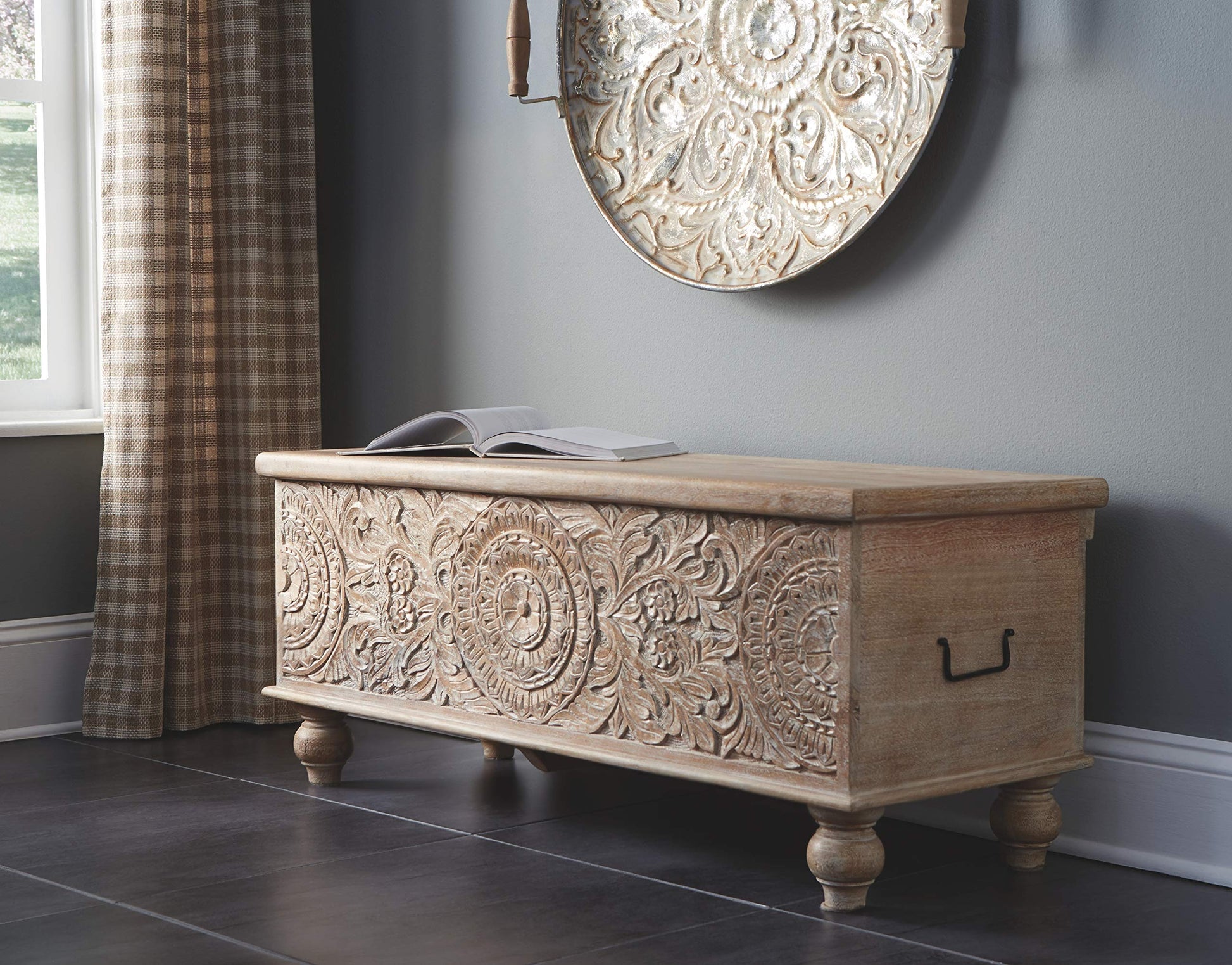 Signature Design by Ashley Fossile Ridge Boho Carved Wood Storage Bench with Hinge Top, Beige - WoodArtSupply