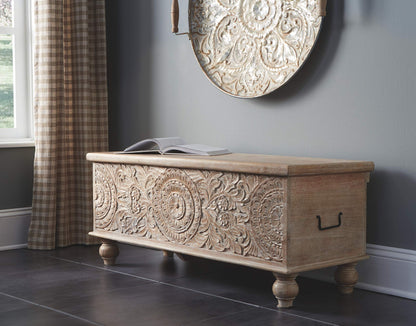 Signature Design by Ashley Fossile Ridge Boho Carved Wood Storage Bench with Hinge Top, Beige - WoodArtSupply