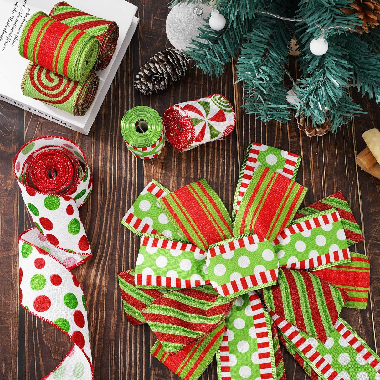 Whaline Christmas Ribbons 36 Yards Dot Stripe Candy Wired Edge Ribbon Red Green Fabric Craft Ribbon for Xmas Wreath Bow Making DIY Crafts Wrapping Supplies, 6 Rolls Whaline