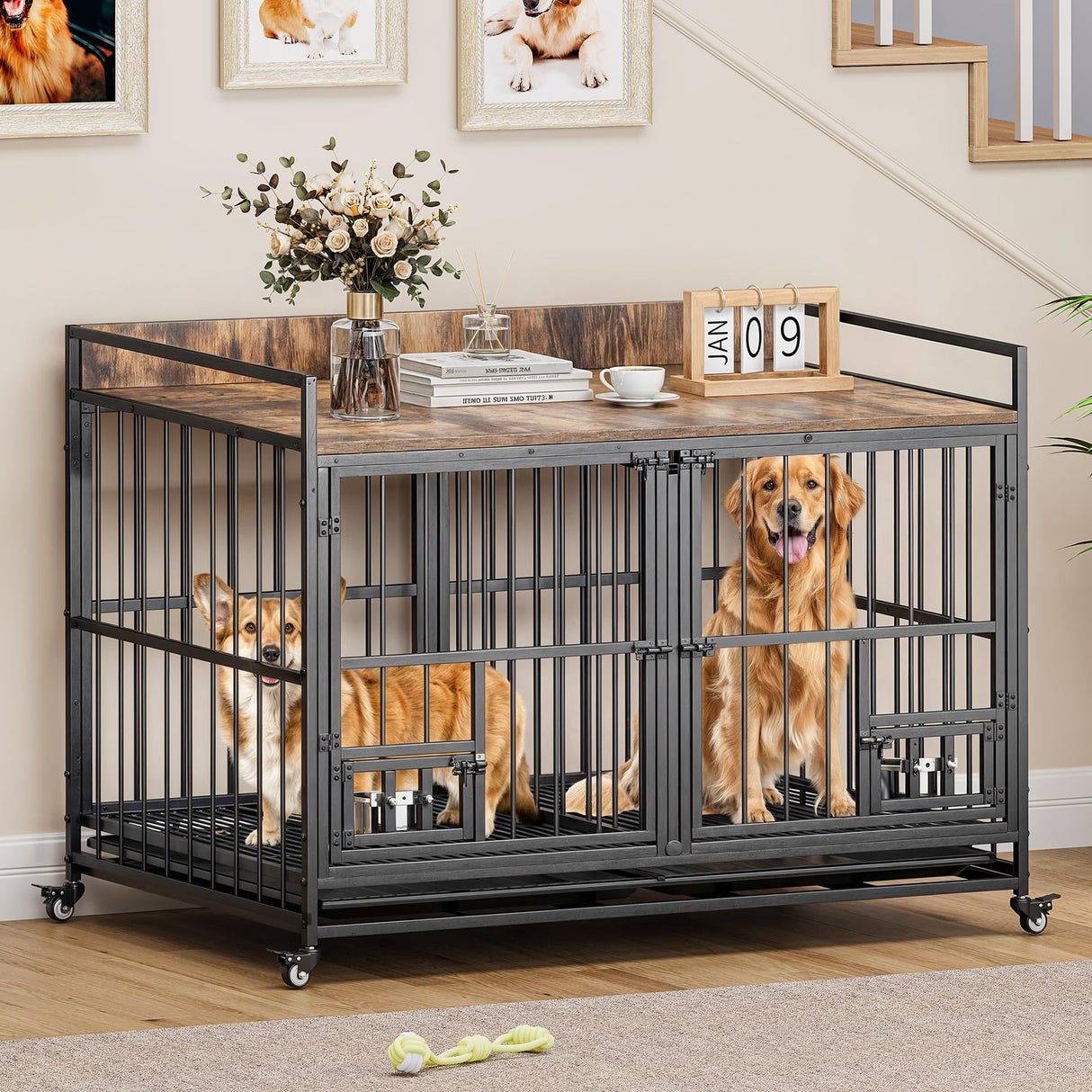 YITAHOME 37.5'' Heavy Duty Dog Crate with Removable Divider, Double Doors & Locks Design, Furniture Style Large Dog Crate with 360° Rotatable Dog Bowls & 360° Wheels & 2 Trays for Small/Medium Dog YITAHOME