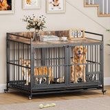 YITAHOME 37.5'' Heavy Duty Dog Crate with Removable Divider, Double Doors & Locks Design, Furniture Style Large Dog Crate with 360° Rotatable Dog Bowls & 360° Wheels & 2 Trays for Small/Medium Dog YITAHOME