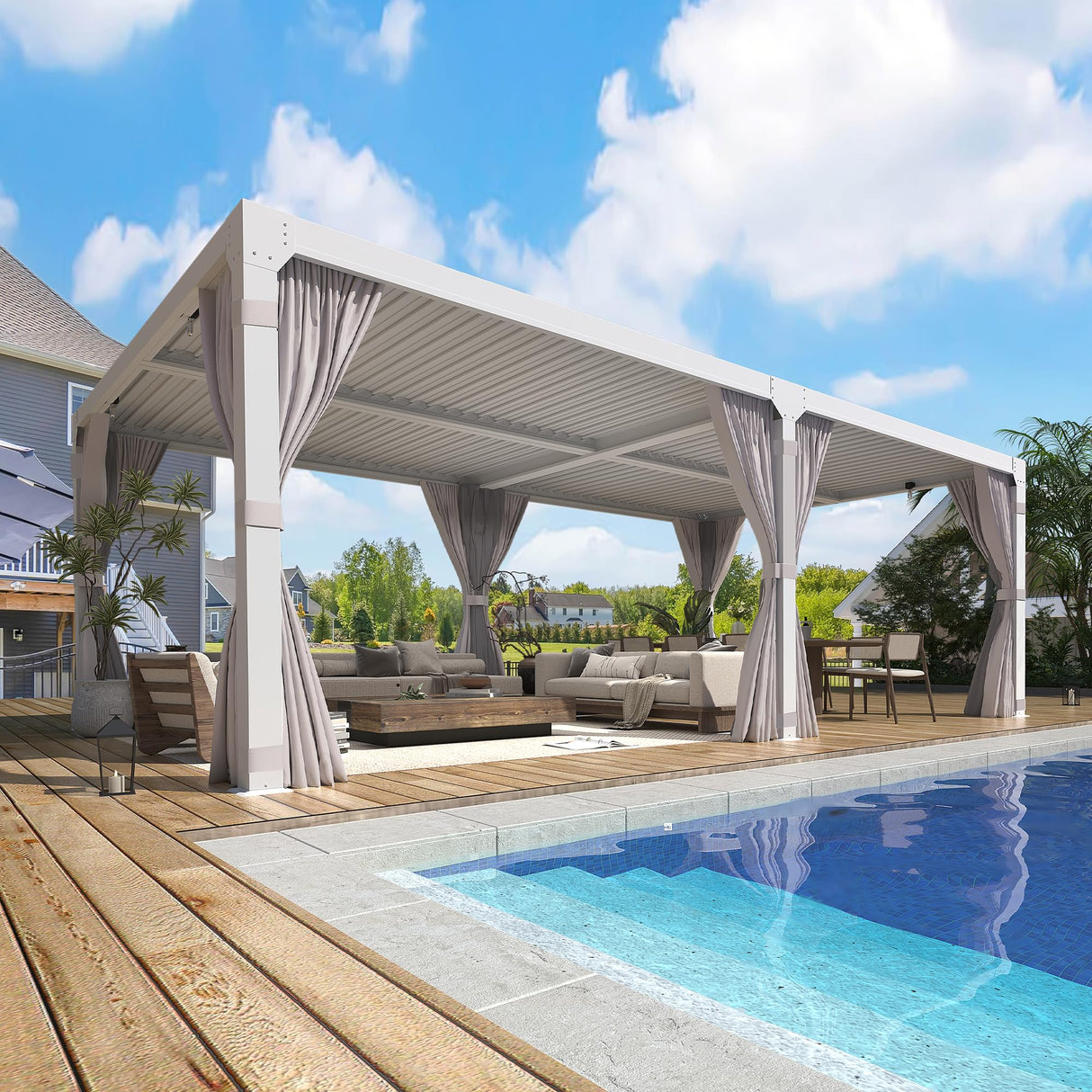 YOLENY Louvered Pergola 10x20, Aluminum Gazebo with Adjustable Waterproof Roof, Curtains and Netting Included, Deck and Backyard, White YOLENY