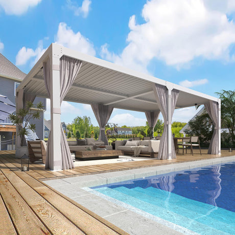 YOLENY Louvered Pergola 10x20, Aluminum Gazebo with Adjustable Waterproof Roof, Curtains and Netting Included, Deck and Backyard, White YOLENY