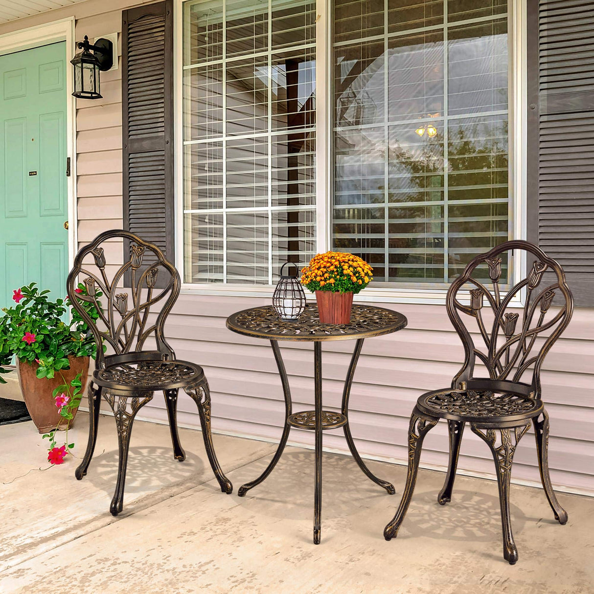 Yaheetech Patio Bistro Sets 3 Piece, Outdoor Rust-Resistant Cast Aluminum Garden Table and Chairs, Bronze Yaheetech