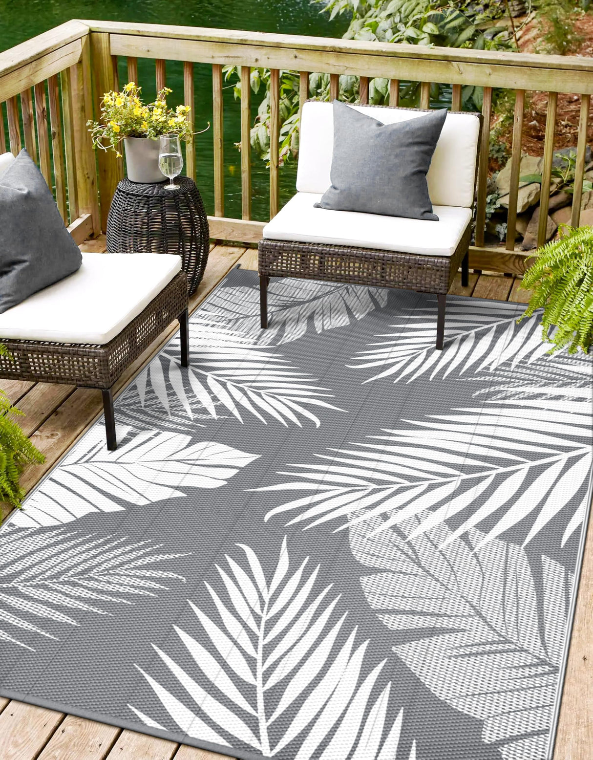 sarben Outdoor Rug 4’x6’ Waterproof for Patio Clearance, Reversible Indoor Outdoor Plastic Straw Camping Rug Carpet, RV Mat, Large Area Rug for Deck, Backyard, Balcony, Porch, Beach, Grey & White sarben