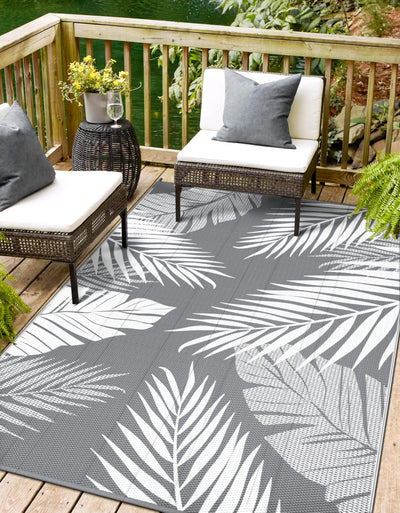 sarben Outdoor Rug 4’x6’ Waterproof for Patio Clearance, Reversible Indoor Outdoor Plastic Straw Camping Rug Carpet, RV Mat, Large Area Rug for Deck, Backyard, Balcony, Porch, Beach, Grey & White