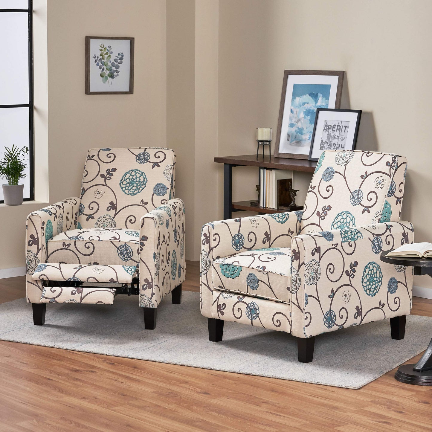 Christopher Knight Home Emmie Fabric Recliner (Set of 2), Light Beige with Blue Floral, Dark Brown - WoodArtSupply