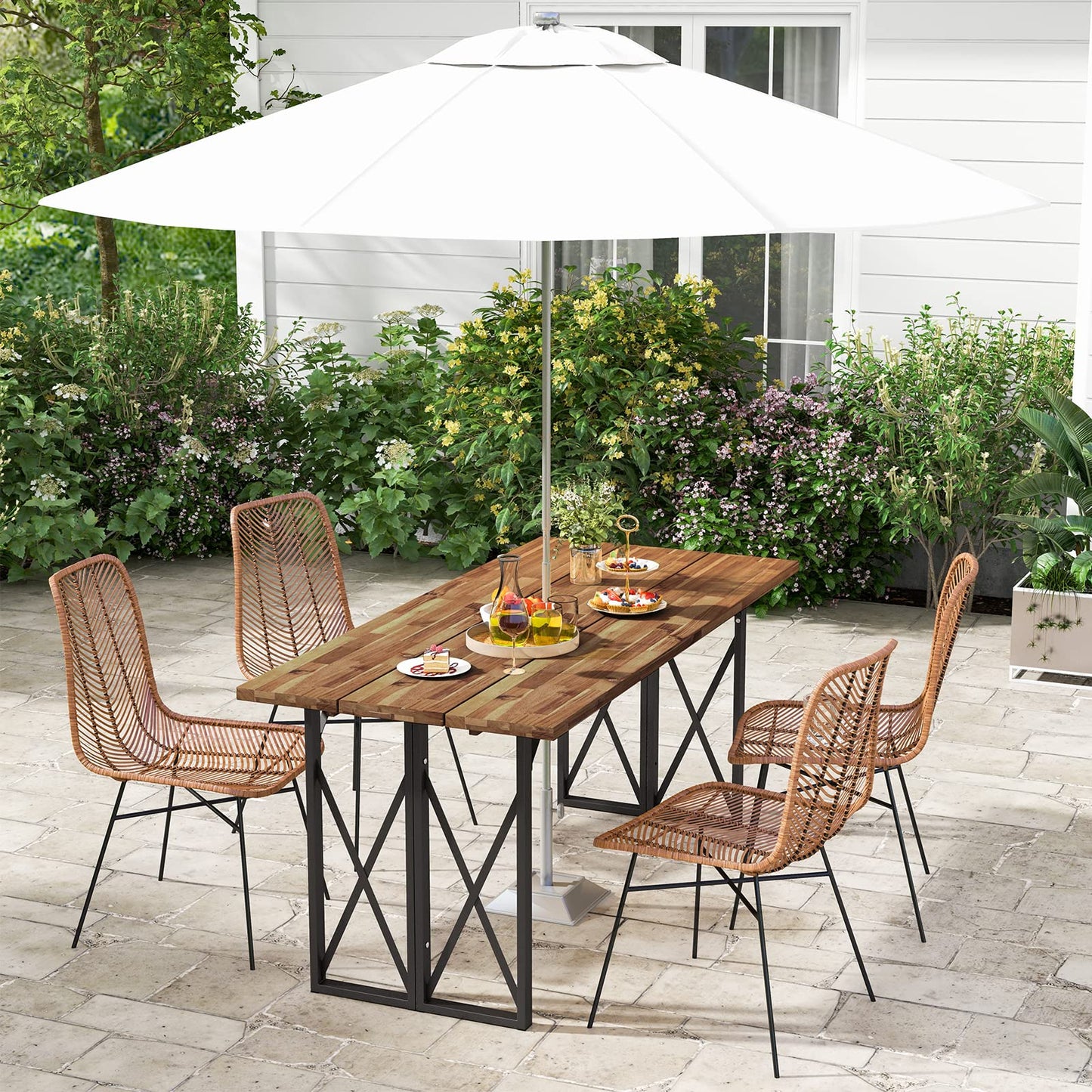 Tangkula 67 Inch Outdoor Dining Table, Acacia Wood Patio Table with 2 Inch Umbrella Hole, Heavy-Duty Metal Frame, Indoor Outdoor Picnic Table for 6 - WoodArtSupply