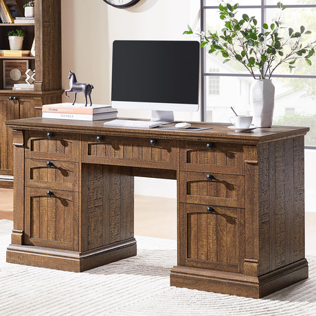 OKD 60" Executive Desk with Drawers, Farmhouse Home Office Desk with Charging Station, Keyboard Tray, File Cabinet Storage, Wood Computer Desk for Work and Study, Reclaimed Barnwood OKD