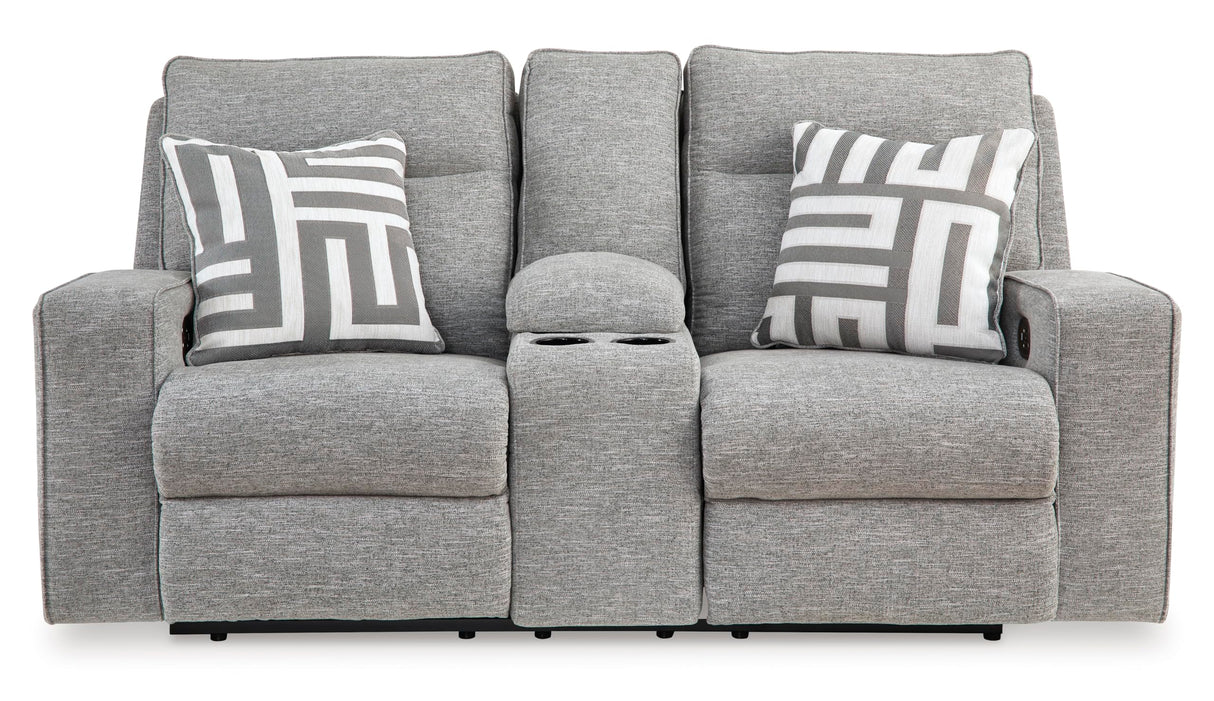 Signature Design by Ashley Biscoe Casual UV Resistant Power Reclining Loveseat with Console, Adjustable Headrest and USB Ports, Light Gray Signature Design by Ashley