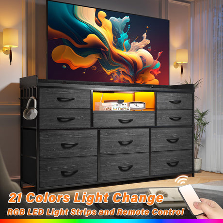 EnHomee Dresser TV Stand with 11 Drawers for 60" TV Stand for Bedroom with LED Lights & Power Outlets Long Dresser for Bedroom with Shelves & 4 Hooks Sturdy Metal Frame & Wood Top, Charcoal Black EnHomee