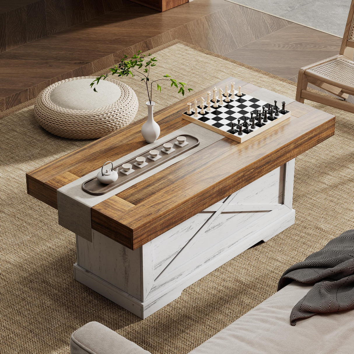 Lareth Coffee Table 39 in Farmhouse Center Table with X-Design Wooden Pedestal for Living Room, Space Saving, Easy Assembly Rectangle Home Office Tea Accent Table for Apartment, Antique White Walnut Lareth