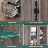 YITAHOME L Shaped Executive Desk with Hutch and Drawers, Farmhouse Home Office Desk with Power Outlet, Wood Corner Computer Desk with Sliding Door, Storage Cabinet with Glass Door, Grey & Walnut YITAHOME