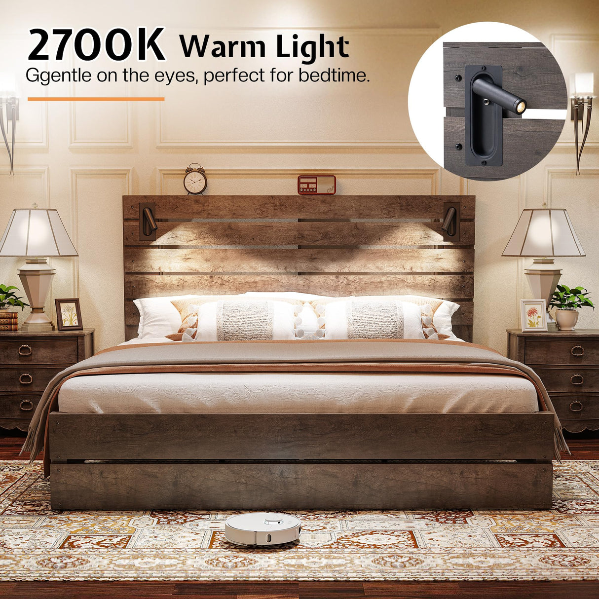 Jocisland Full Size Farmhouse Bed Frame with 51" Headboard, LED Reading Lights, Rustic Wood Look, No Box Spring Needed, Rustic Gray Jocisland