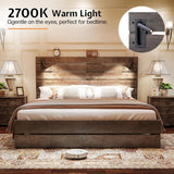 Jocisland Full Size Farmhouse Bed Frame with 51" Headboard, LED Reading Lights, Rustic Wood Look, No Box Spring Needed, Rustic Gray Jocisland