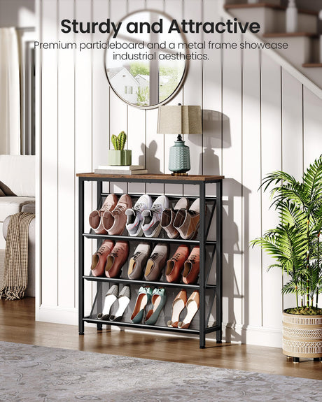 CHOEZON Shoe Rack, 4-Tier Slanted Shoe Storage Shelf, Narrow Shoe Rack for Entryway, Shoe Organizer with Adjustable Feet, Slim Shoe Shelf with Wooden Top and Metal Frame Rustic Brown and Black TXJ75BF CHOEZON