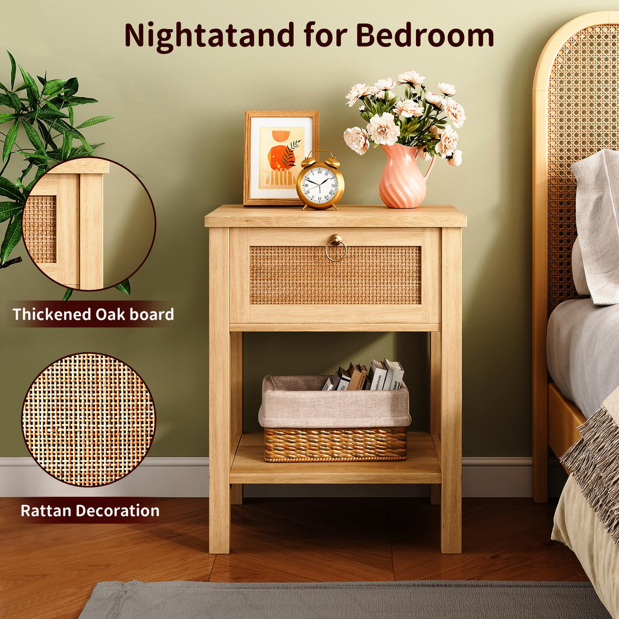 Jocoevol Rattan Boho Nightstand (Natural, 2 Pieces) Jocoevol