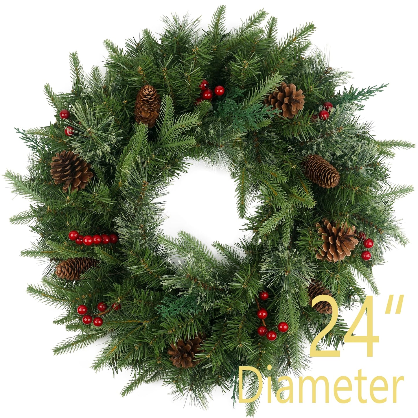 Christmas Wreath Pre-lit 24 inch with 50 Light & Pine Cone, Artificial Christmas Wreaths for Front Door with Lights, Wreath for Christmas Decoration Door Windows Wall Green