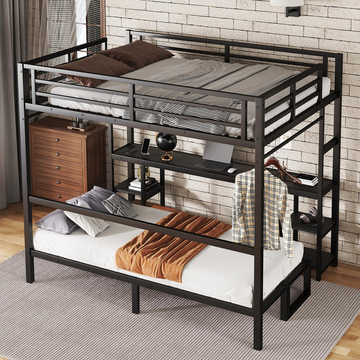 Bellemave Futon bunk Bed Twin XL Over Queen, Queen loft Bed with futon and Desk and Shelves, LED, USB, Black Bellemave