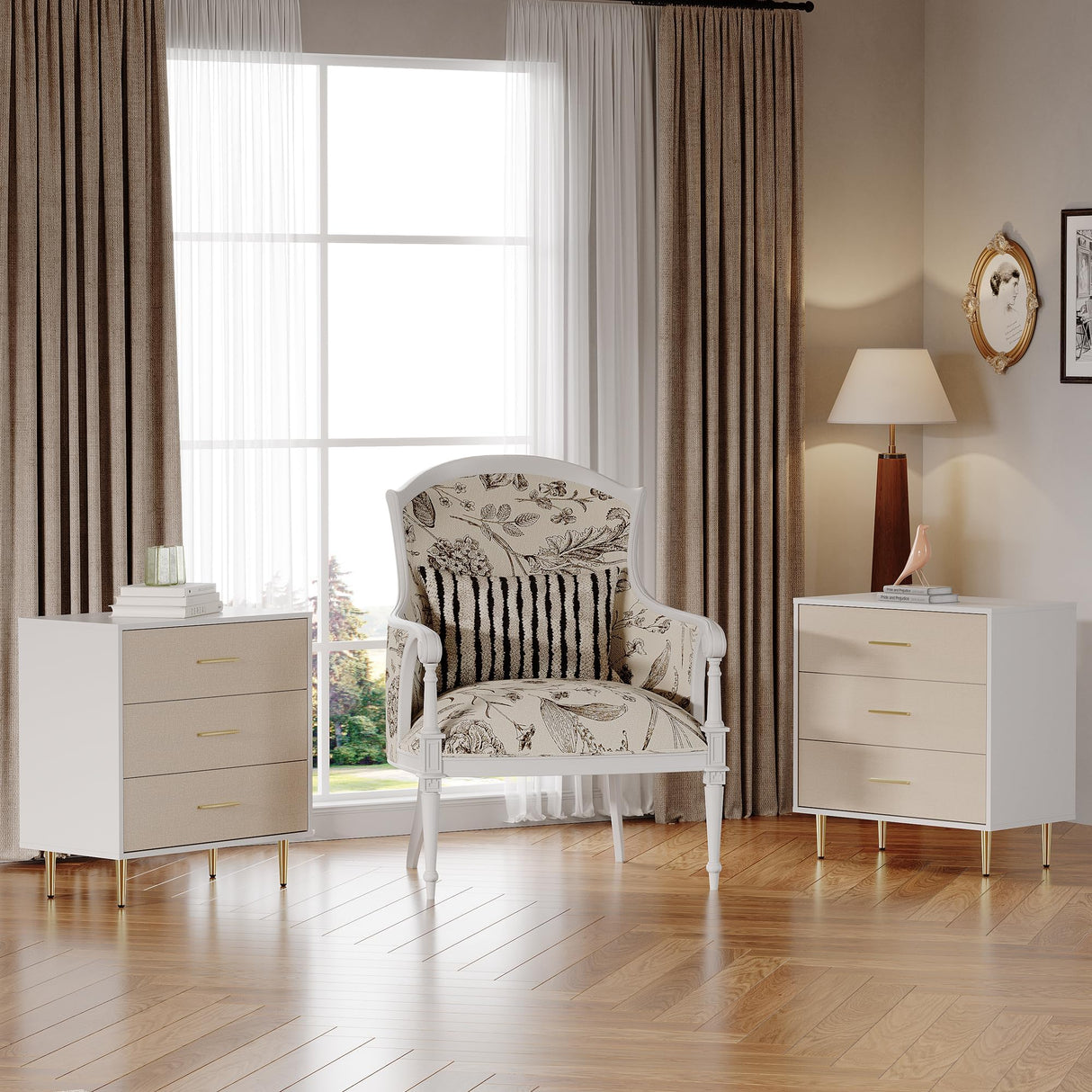 Elegant 3-Drawer White Dresser with Gold Handles and Legs, Wooden Nightstand with Linen-Textured Surface, Modern White Chest of Drawers, Narrow Accent Cabinet End Table for Living Room, Bedroom IDEALHOUSE