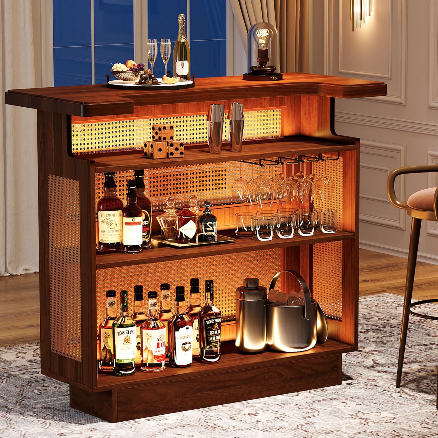 Tribesigns Caramel Brown Farmhouse Rattan Bar Cabinet with 4 Stemware Racks and Ample Storage