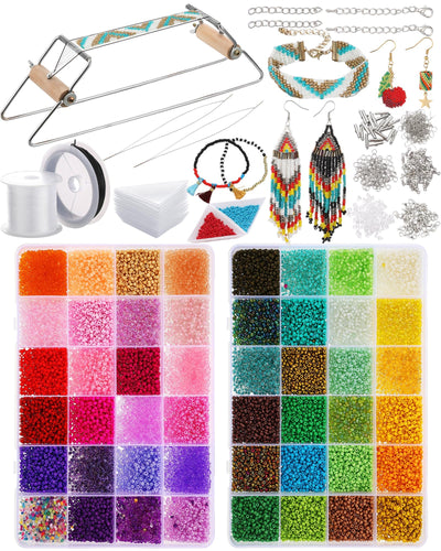 Jexine Bead Loom Kit for Adults 24000 Pcs Beading Loom Supplies with 48 Color 2 mm Glass Seed Bead Bracelets Christmas Jewelry Earring Making Tools Gifts for Girls DIY Craft