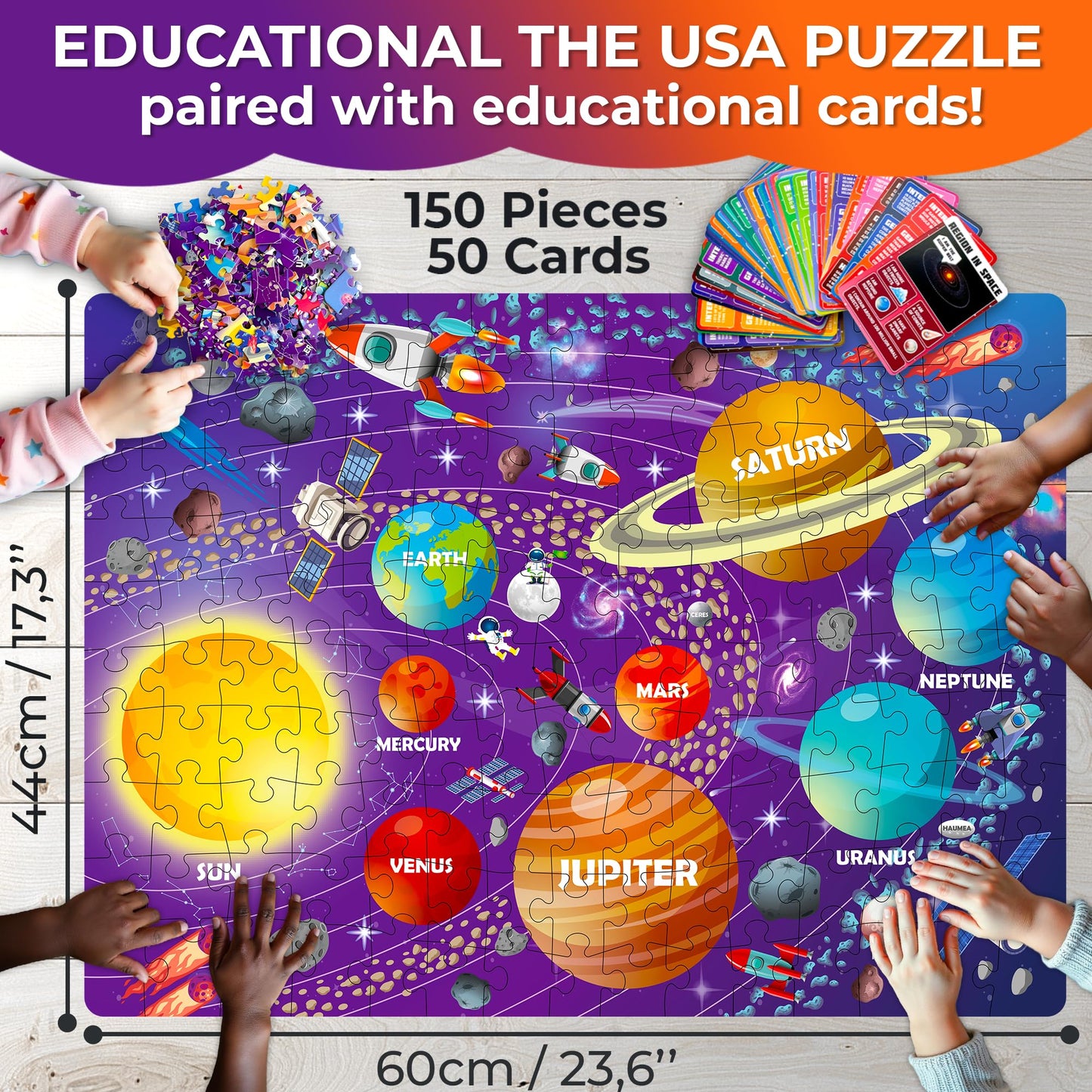 QUOKKA Puzzles for Kids Ages 8-10 - 150 Pcs Jigsaw Puzzles for 6-8 Year Olds - 400+ Facts on 50 Double-Sided Flashcards | Learn Space | Education Activity Gift - Shaped Puzzles for Toddlers 4-6