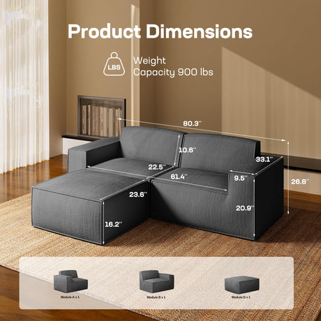 Marsail Modular Sectional Sofa, 80" L-Shaped Modular Sectional Couch with Deep Seat, Freely Combinable Sectional Clound Sofa for Living Room, No Assembly, Plush Corduroy Fabric, Grey Marsail