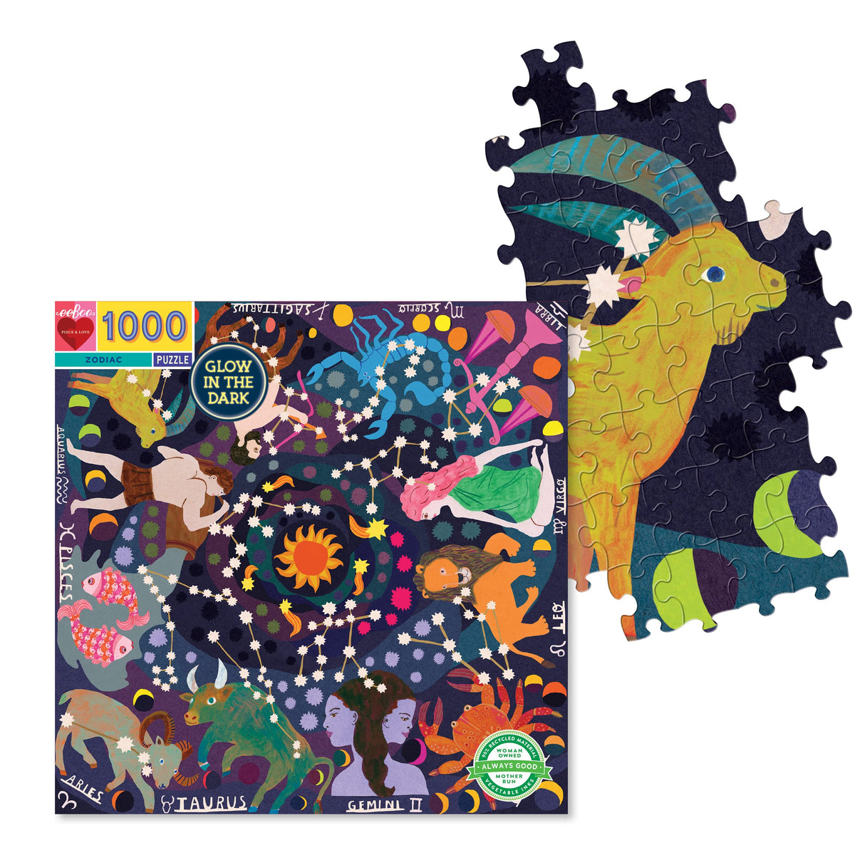 eeBoo Piece and Love Zodiac Constellation 1000-piece Square Adult Jigsaw Puzzle Glow in The Dark, Jigsaw Puzzle for Adult and Families, with Glossy, Sturdy Pieces and Minimal Puzzle Dust eeBoo