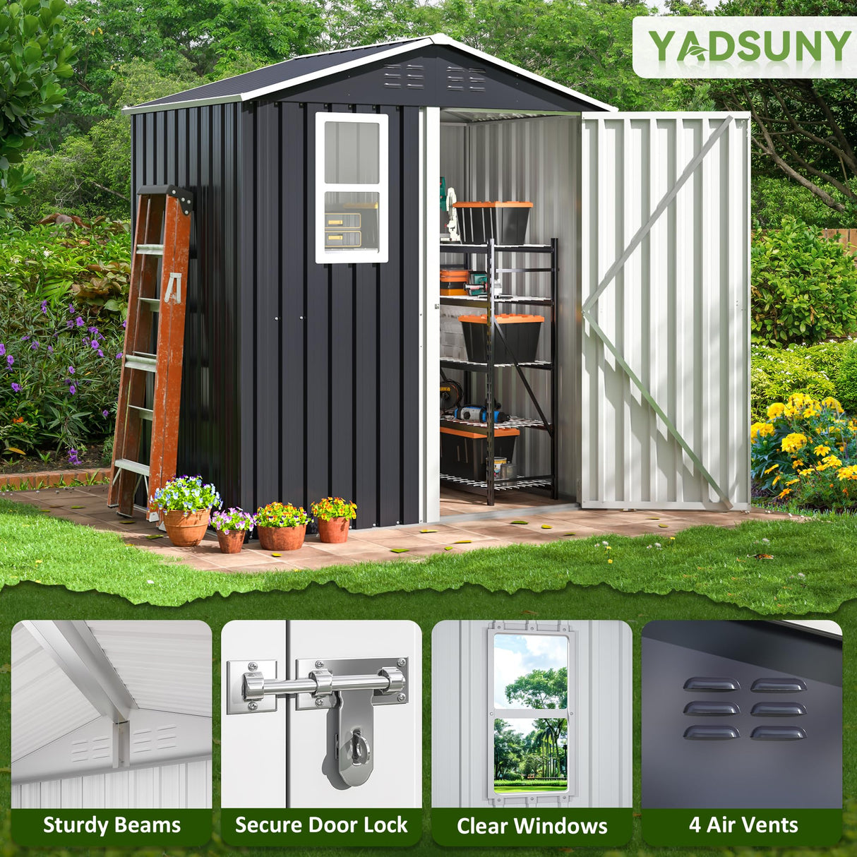 YADSUNY 6x4 FT Outdoor Storage Shed, Metal Garden Tool Shed with Updated Frame Structure, Lockable Doors and Windows, Ideal for Backyard Garden Patio Lawn, Grey YADSUNY