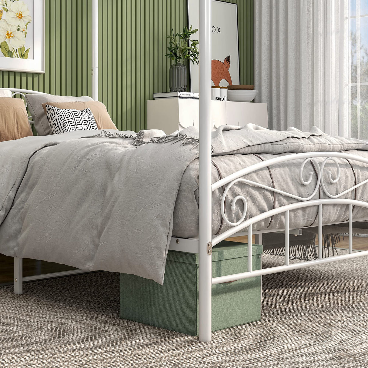 JURMERRY Metal Canopy Bed Frame Four-Poster Bed with Headboard & Footboard Mattress Foundation Sturdy Slatted Structure No Box Spring Needed Easy Assembly,Full White JURMERRY