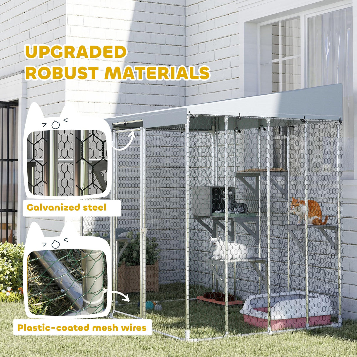 PawHut 79" Large Catio Outdoor Cat Enclosure, Galvanized Steel Outdoor Cat House with 420D Waterproof Canopy for 1-3 Large Cat, Walk-in Cat Cage with Sleeping Box, Jumping Platforms, Silver PawHut