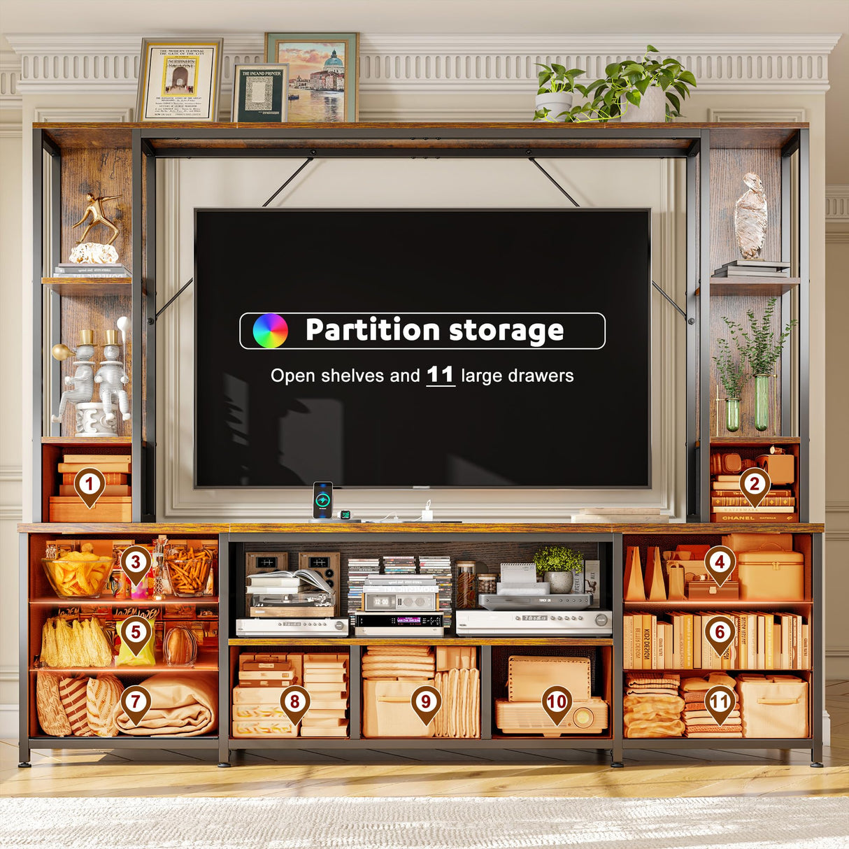 78.6" W TV Stands for Living Room, Large Wall Unit Entertainment Center with 11 Fabric Drawer,Dresser TV Stand with 2 LED Lights & Power Outlets,TV Stand for Bedroom with Storage Shelves,Brown EnHomee