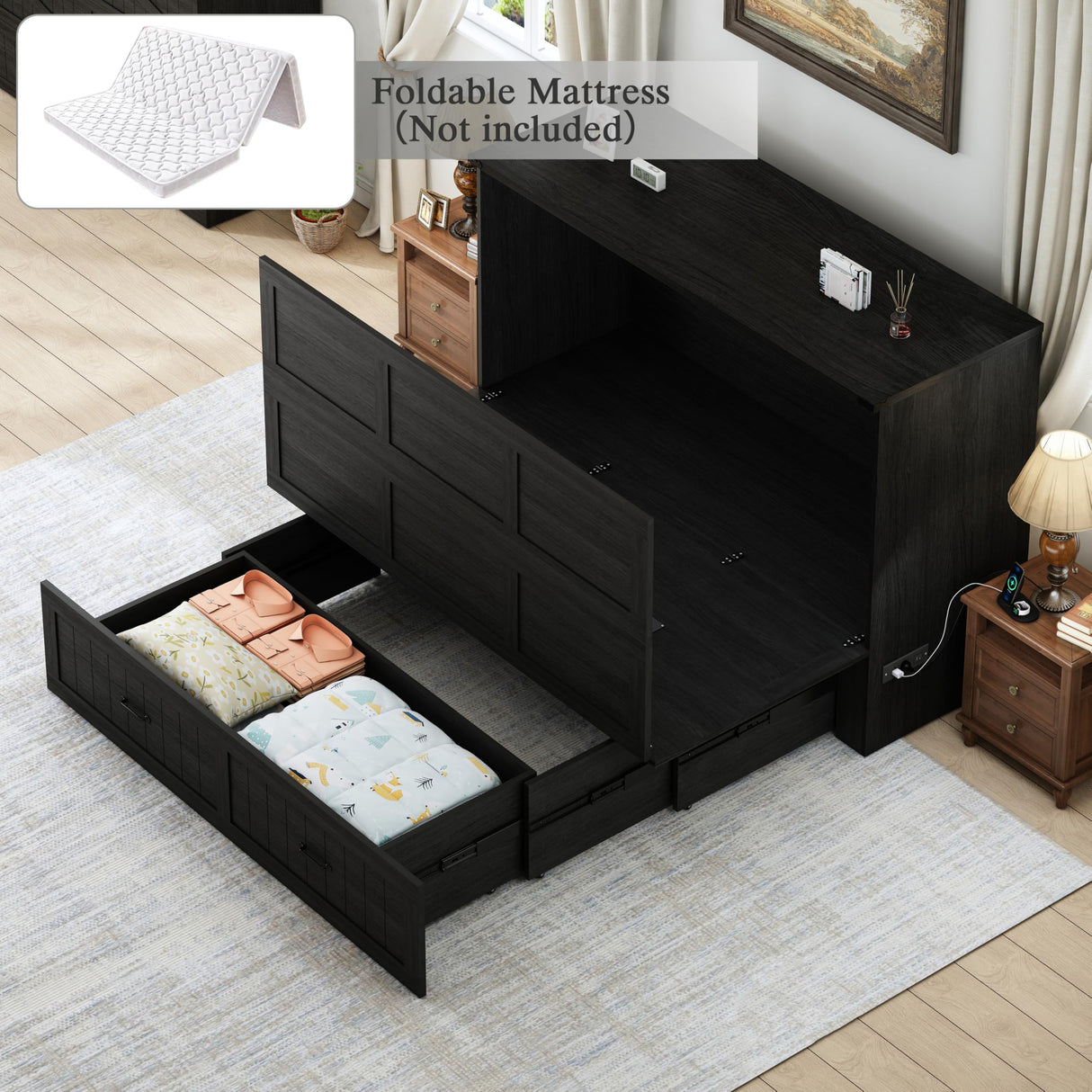 DalyLuxa Queen Size Multi-Functional Murphy Cabinet Bed with Charging Station, Farmhouse Queen Size Bed Frame with Drawer, Hidden Folding Murphy Bed Chest for Bedroom, Black DalyLuxa