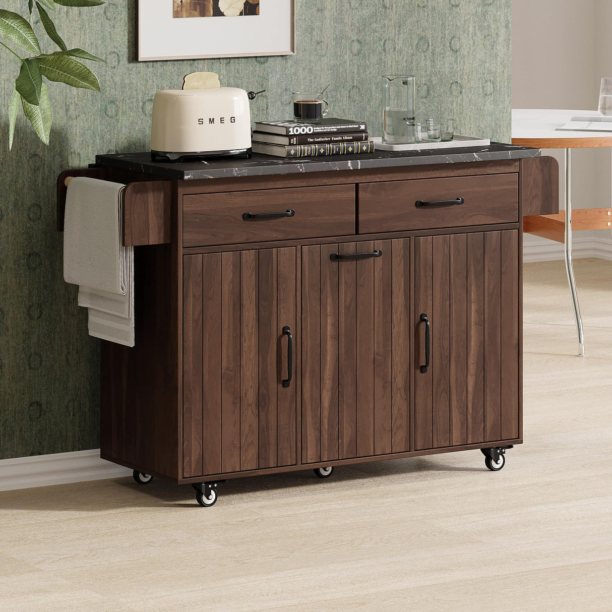 mixtavie Kitchen Island with Trash Can Storage Cabinet, Kitchen Cart with Drop Leaf, Spice Rack, Towel Rack and Drawer, Rolling Kitchen Island on Wheels with Adjustable Shelf, Walnut Brown mixtavie