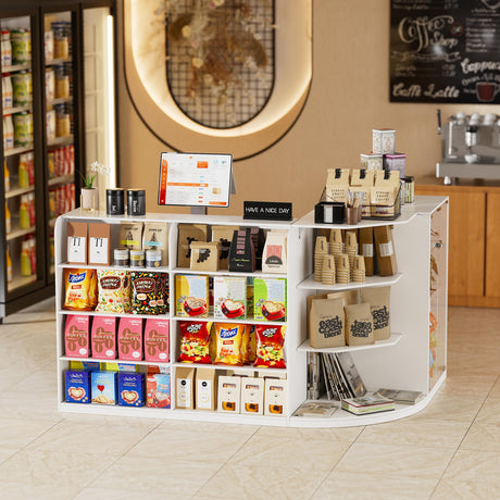 SDMY L-Shaped Reception Desk with 2 Drawers & Open Shelves,Retail Counter Front Desk Reception Counter with Transparent Display Case,Countertop,for Checkout,Lobby,Shop (70.9”W x 47.7”D x 39.3”H) SDMY