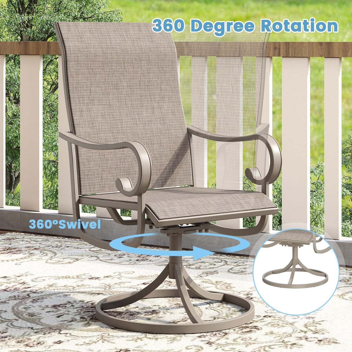 DIFY 9 Pieces Outdoor Patio Dining Set for 8, Swivel Dining Chairs with Sandshell Textilene and 60" Sandshell Round Metal Dining Table, Outdoor Table and Chairs for Lawn Garden Backyard Deck DIFY