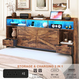TIGUBFRE Queen Bed Frame with 4 Drawers Bookshelf Headboard, Farmhouse Bed Frame with Charging Station & LED Lights, Metal Slats Support, Noise Free, No Box Spring Needed Rustic Brown TIGUBFRE