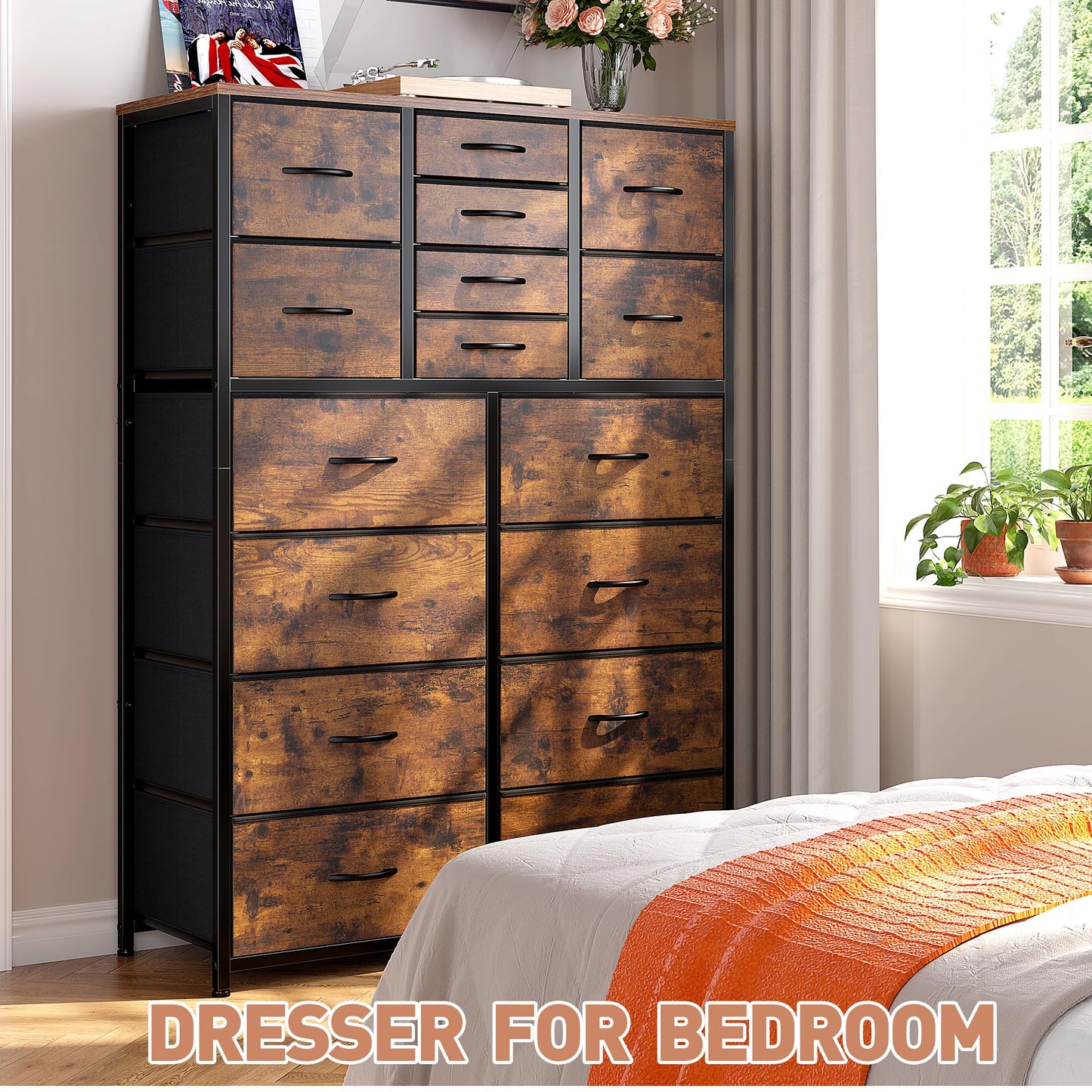 EnHomee Dresser for Bedroom with 16 Drawers, Tall Dressers for Bedroom with Wood Top and Metal Frame, Large Bedroom Dressers & Chest of Drawers for Bedroom, Closets, Nursery, Living Room, Rustic Brown