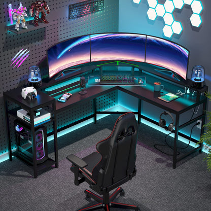 Tribesigns L-Shaped Gaming Desk with Power Outlets & LED Strips, L-Shaped Computer Desk with Storage Shelves, Corner Computer Desk with Monitor Stand, Black Modern Writing Desk Home Office, G - WoodArtSupply