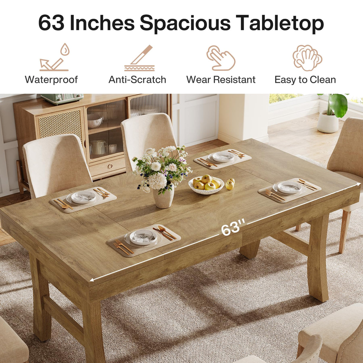 Tribesigns 63-Inch Dining Table for 4-6 People, Farmhouse Rectangular Large Kitchen Dinner Eating Table with Sturdy Legs for Home Kitchen, Dining Room, Light Brown Tribesigns