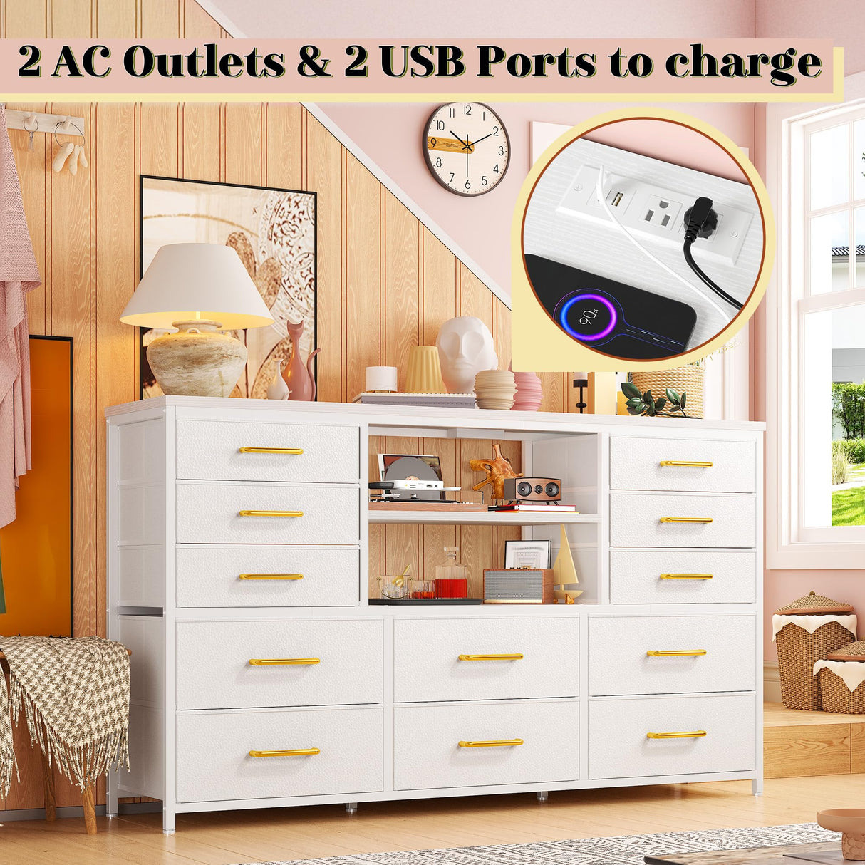 EnHomee White Dresser for Bedroom with 12 Drawers, Fabric Bedroom Dresser with LED Lights & Power Outlets Long Dressers & Chest of Drawers, Sturdy Dresser for Closet, Living Room, Hallway EnHomee
