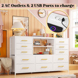 EnHomee White Dresser for Bedroom with 12 Drawers, Fabric Bedroom Dresser with LED Lights & Power Outlets Long Dressers & Chest of Drawers, Sturdy Dresser for Closet, Living Room, Hallway EnHomee