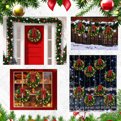 Ceenna 8 Pcs Lighted Christmas Wreath 14 Inch Pre Lit Artificial Christmas Wreath Xmas Wreath with Battery Operated LED Light and Timer for Front Door Outdoor Window Holiday Party Decor (Plaid Bow)