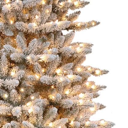 Puleo International 7.5 Foot Pre-Lit Slim Flocked Fraser Fir Artificial Christmas Tree with 500 UL Listed Clear Lights