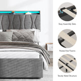 King Size Lift Up Storage Bed Frame, Height Adjustable Storage Headboard with Charging Station, LED Lights Upholstered Platform Bed, Wooden Slat, No Box Spring Needed, Noise-Free, Dark Grey Fameill